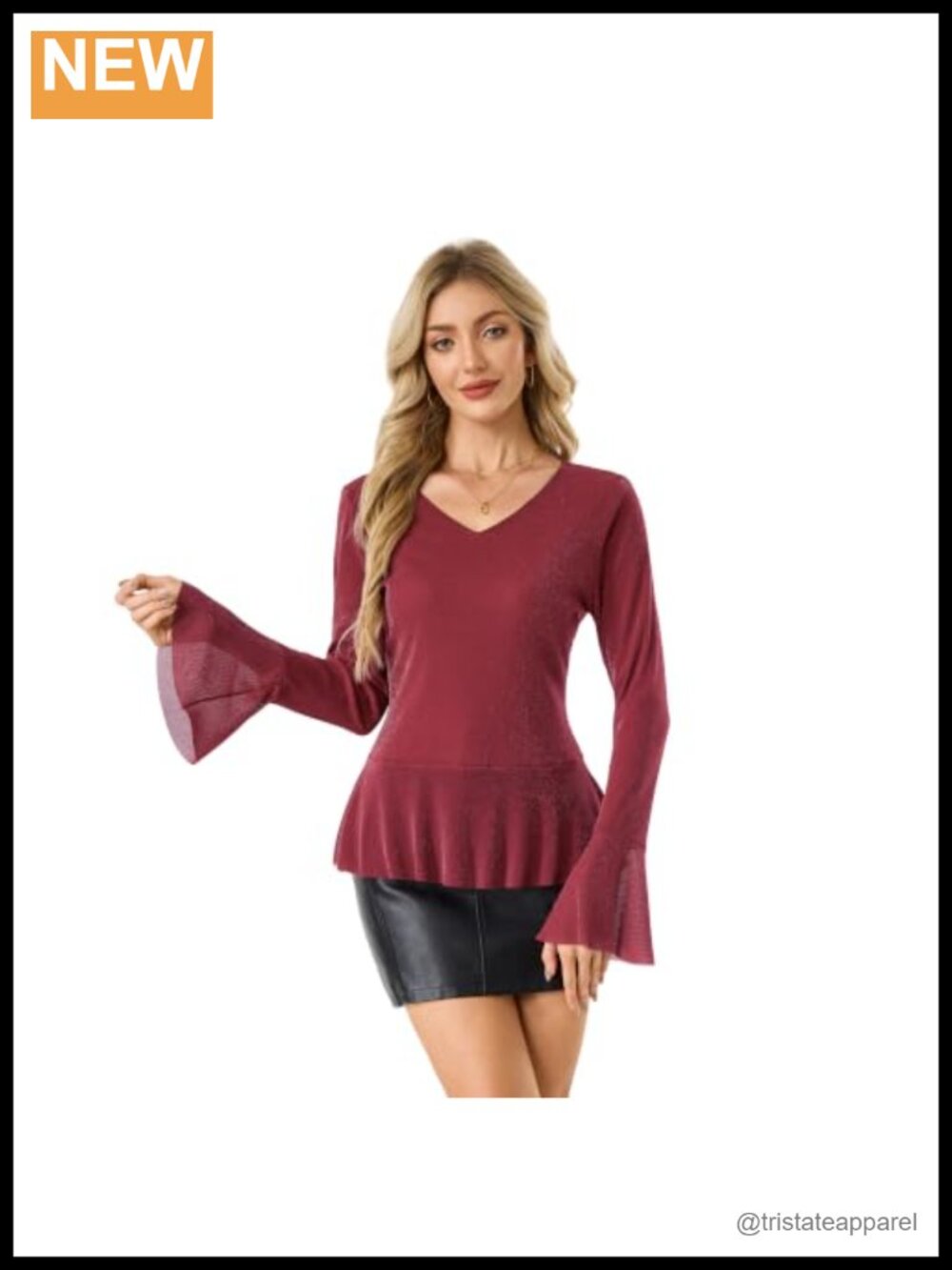 Sparkly V-Neck Ruffle Hem Blouse for Women Long Sleeve Glitter Party Top